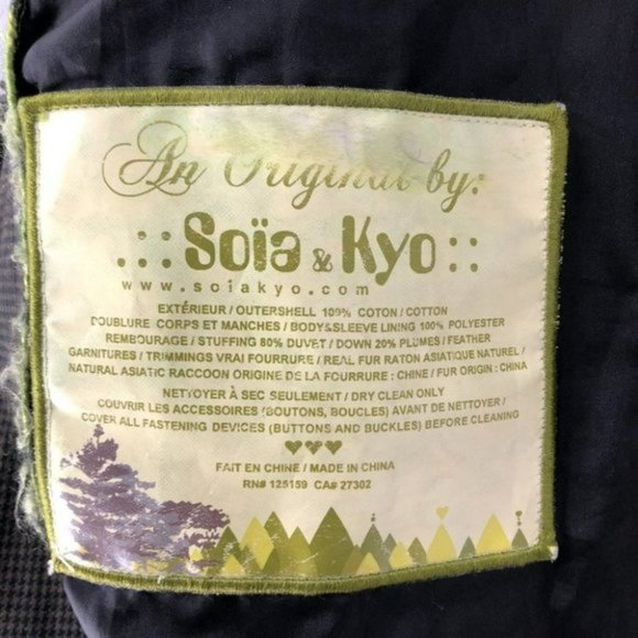 Soia  &  Kyo green brown houndstooth parka  fur trim hood XXS - Picture 6 of 7